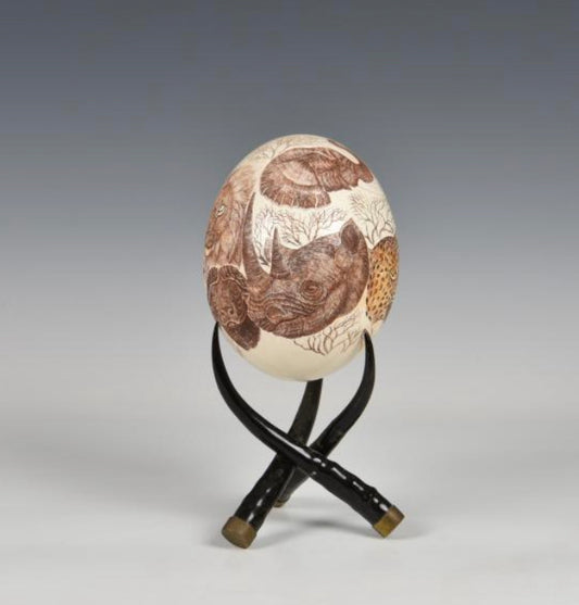 Incised “Big Five” Ostrich Egg on Stand