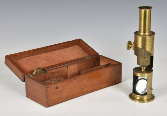 1890s Brass Monocular Microscope in wooden case