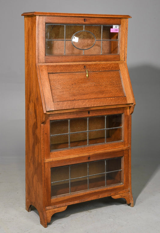 1920s British Oak Leaded Glass Bookcase