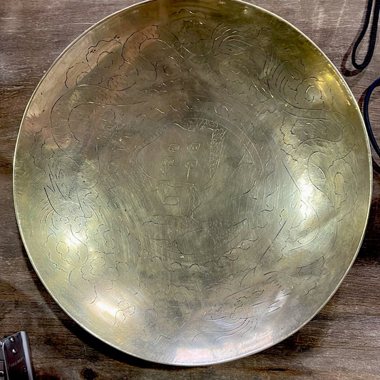 Vintage Brass Offering Bowl With Dragon Etching