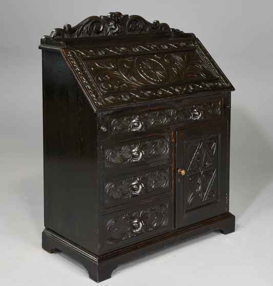 1890 British Carved Oak Drop Front Desk
