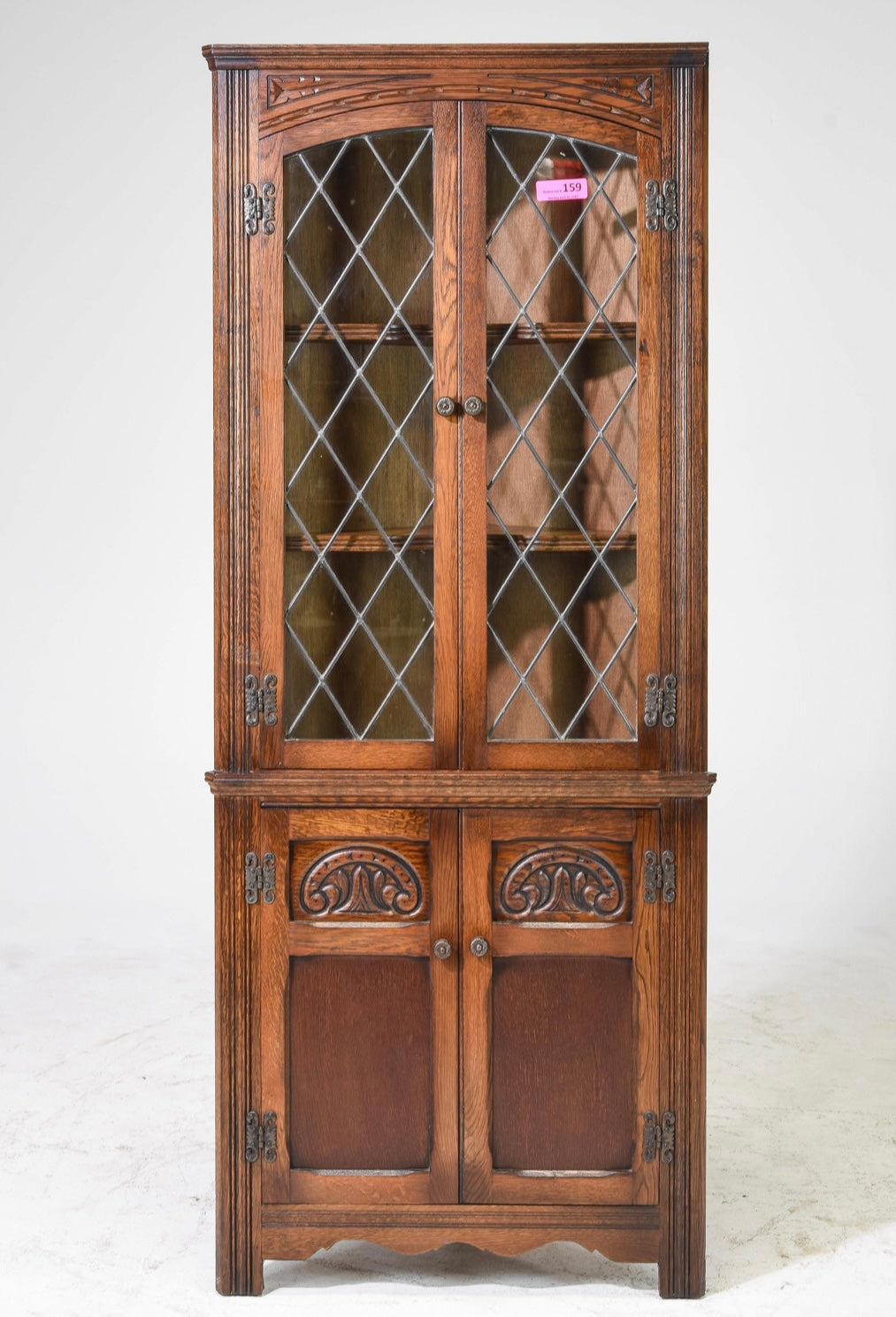 1920s British Oak Leaded Glass Corner Cabinet