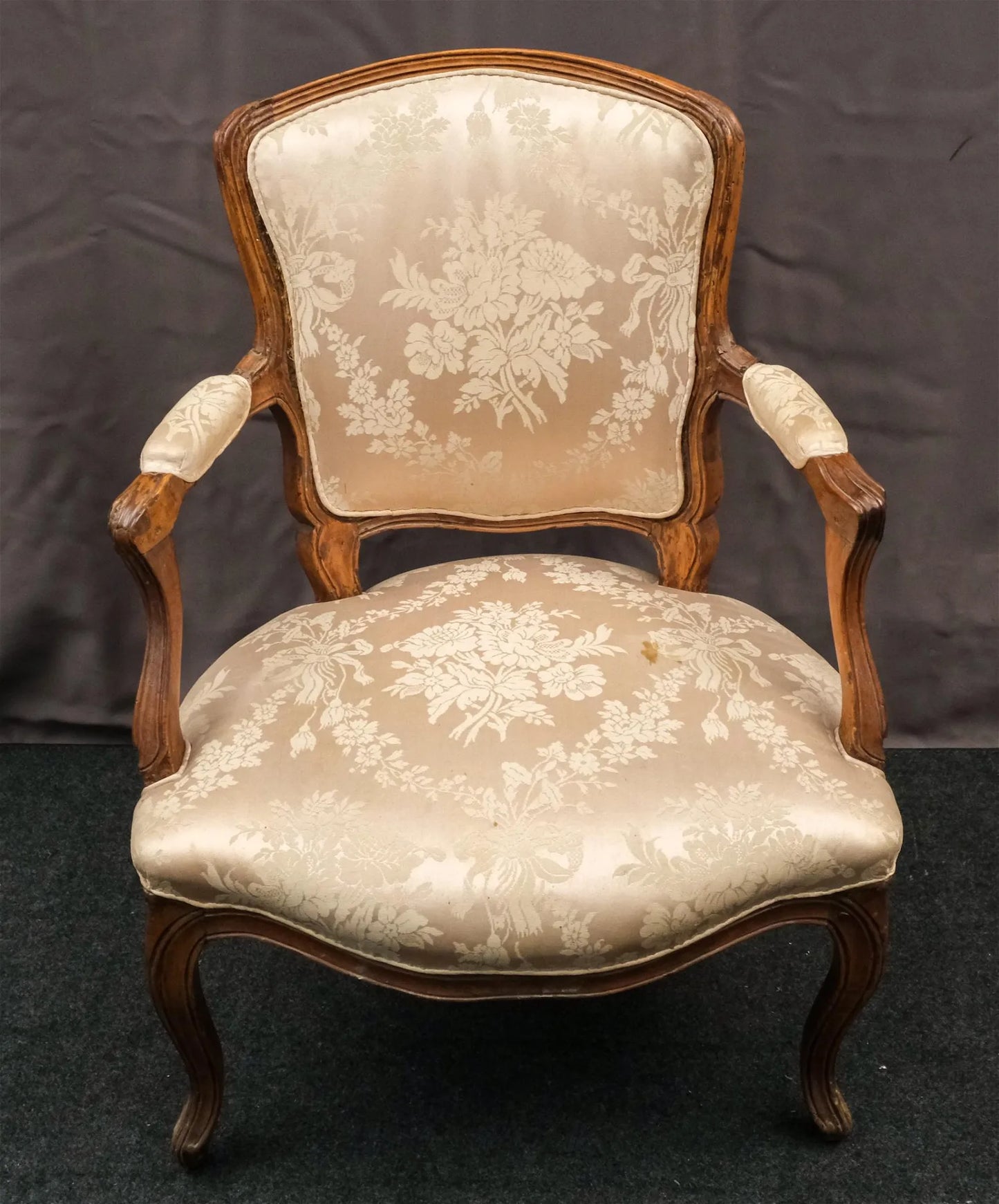 18th C. English Damask Carved Bergere