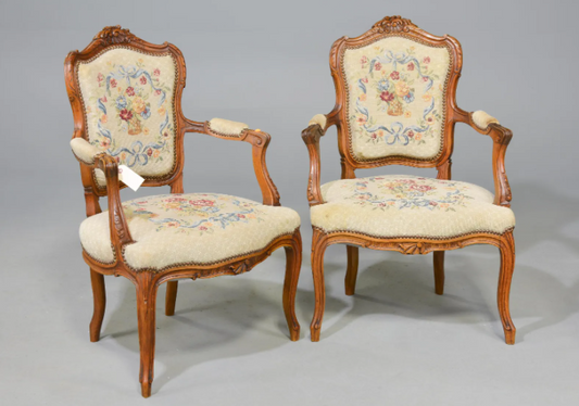 French Louis XV Style Floral Upholstered Armchairs