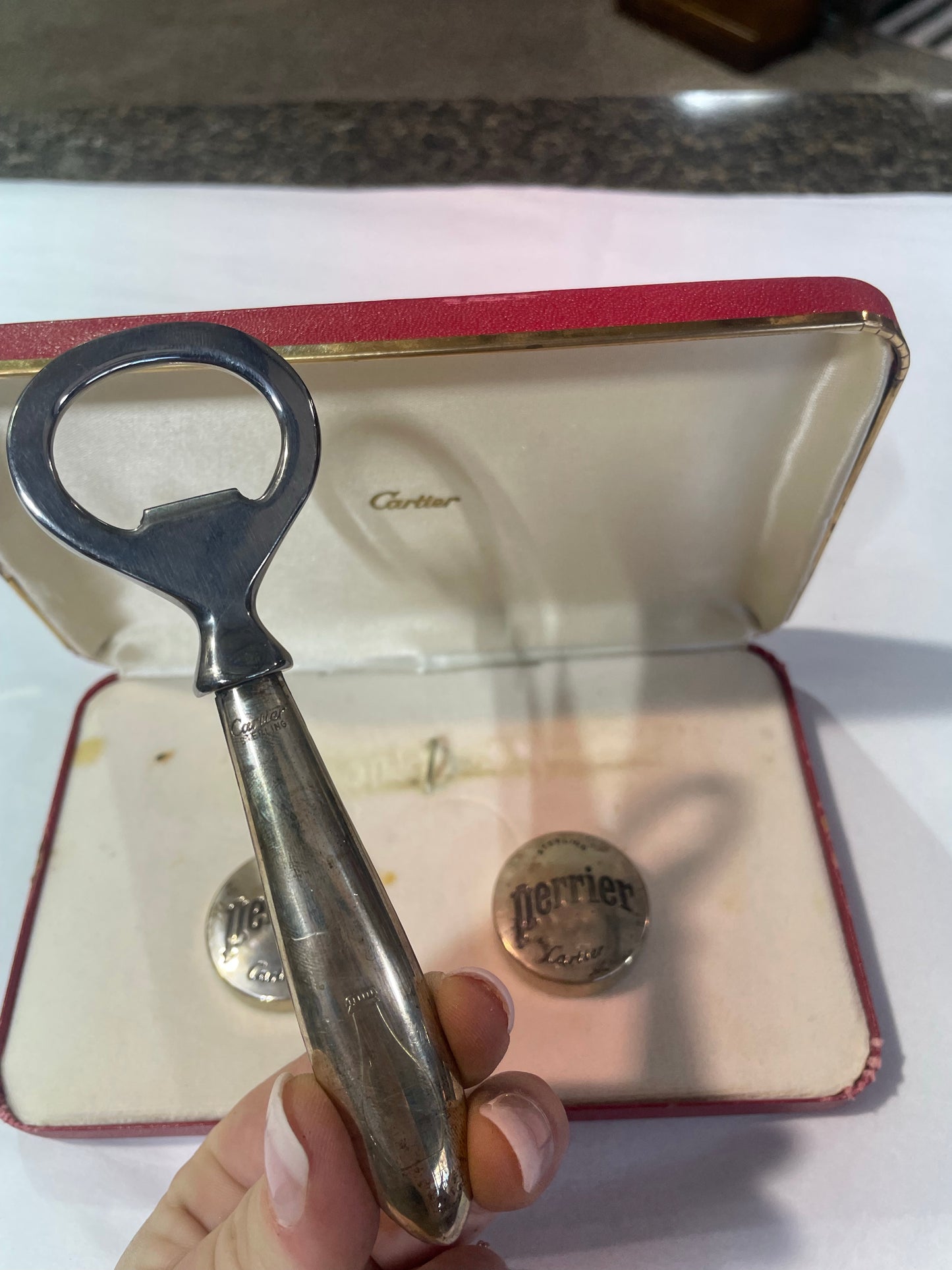 Vintage Cartier Sterling Bottle Opener and Caps for Perrier