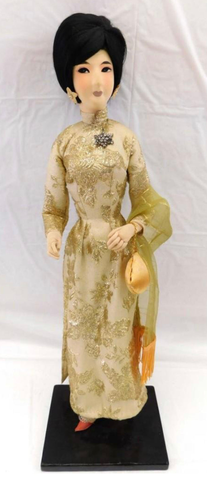 1960s 23" Asian Be Van Hoa Nylon Cloth Doll on Base