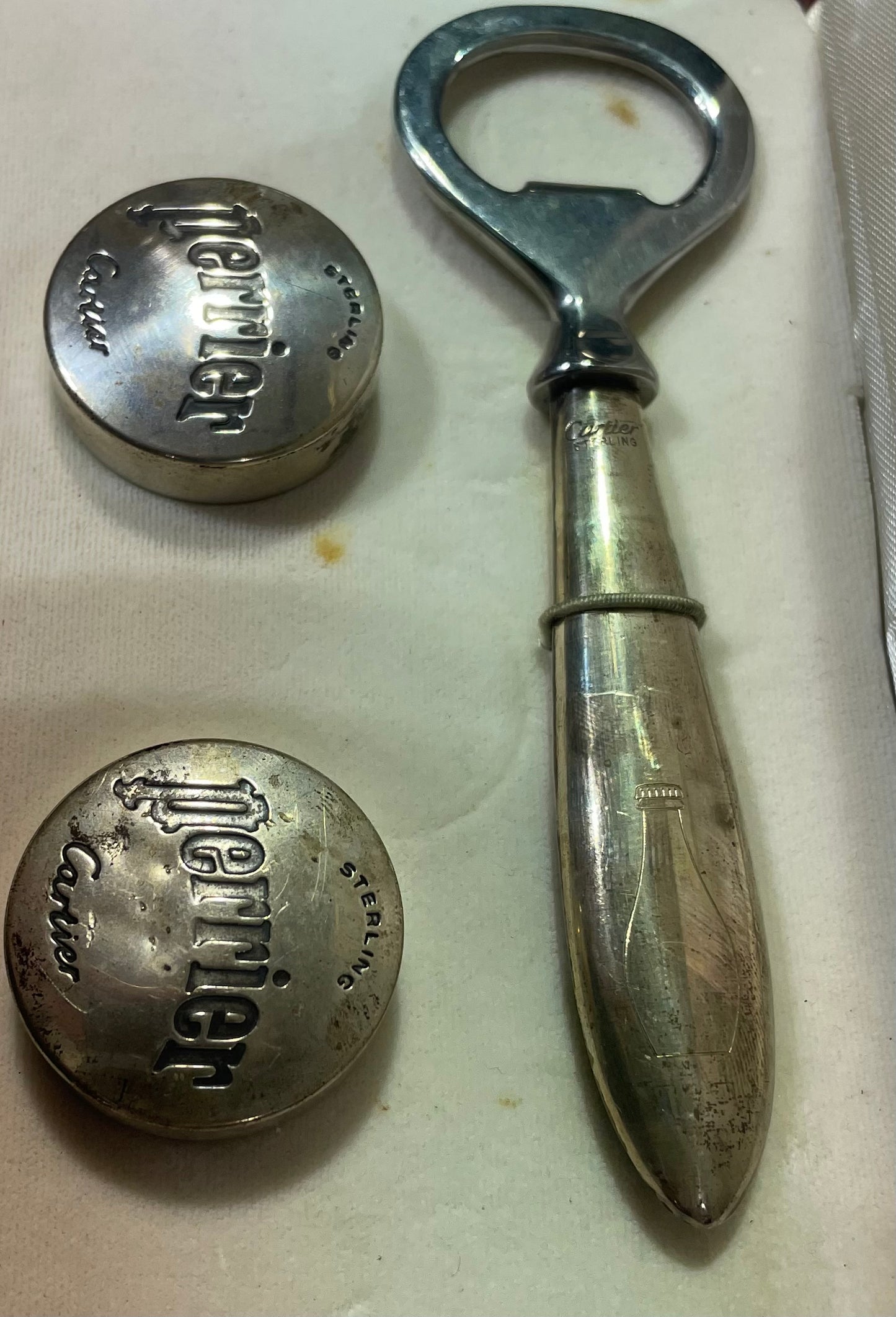 Vintage Cartier Sterling Bottle Opener and Caps for Perrier
