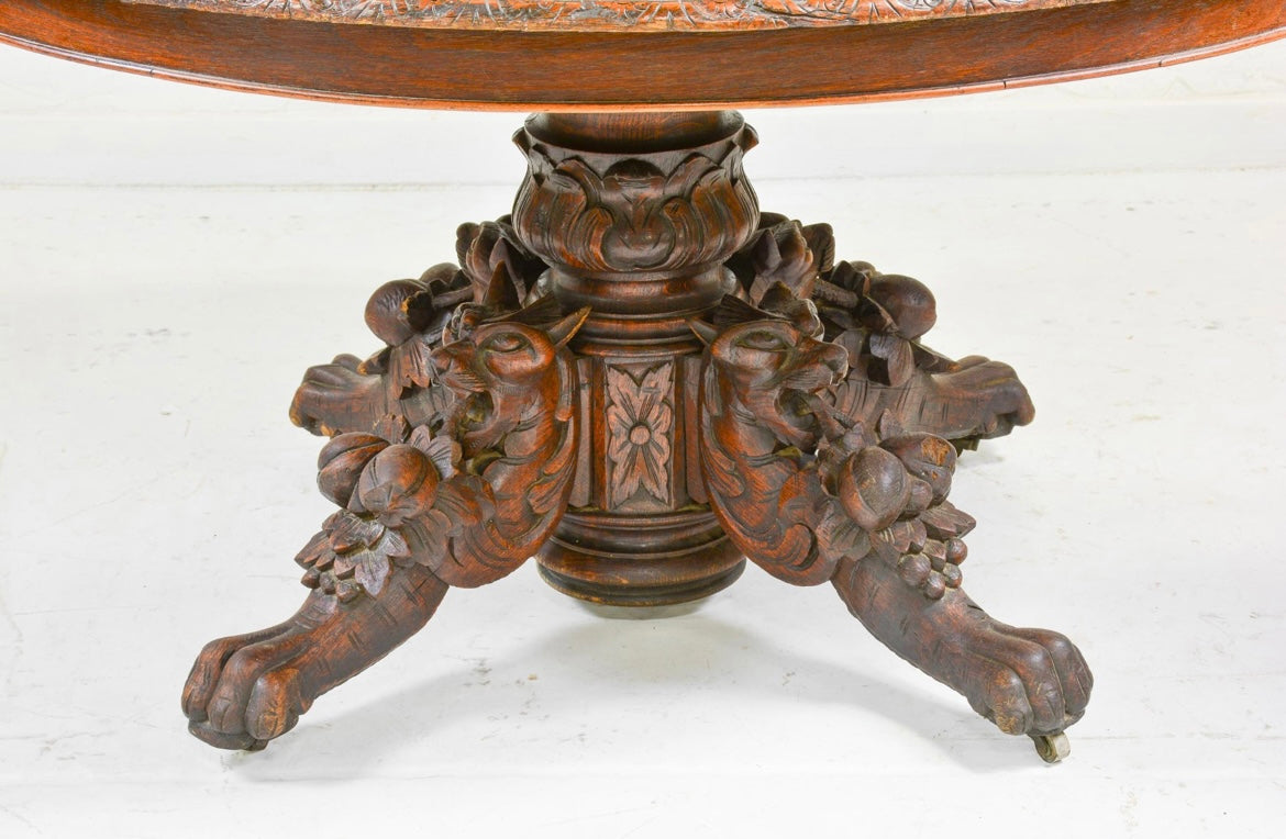 European Carved Oak Oval Hunt Table