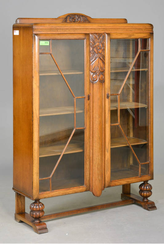 British Carved Oak Double Door Bookcase